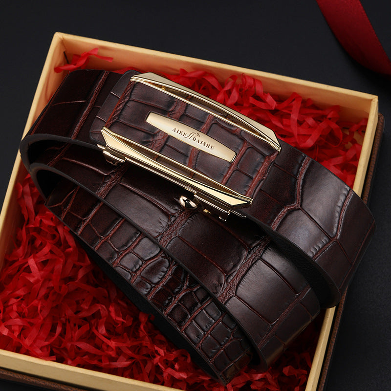 Men's genuine leather belt with brown gold buckle (kangaroo gift box) - automatic buckle design for casual and formal wear