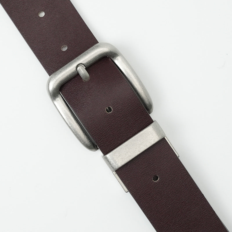 Men's genuine leather belt with brown ancient silver - pin buckle design for casual and formal wear