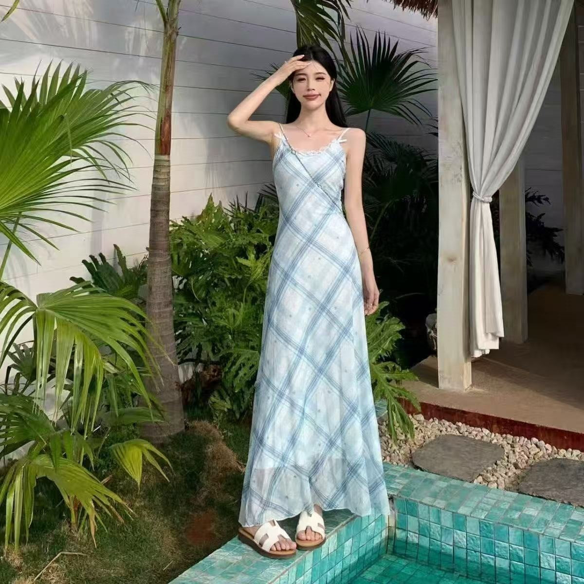 French plaid suspender summer dress for women elegant