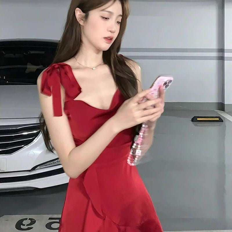Red suspender dress black ruffled suspender summer dress for women slim fit