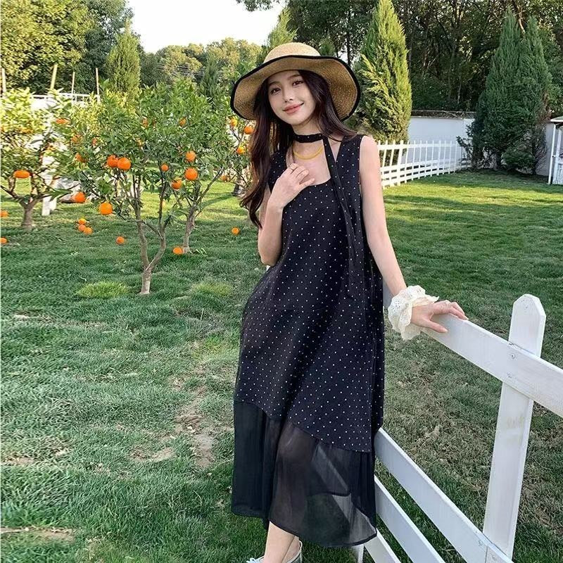 Black irregular dress french polka dot sleeveless summer long dress 2026