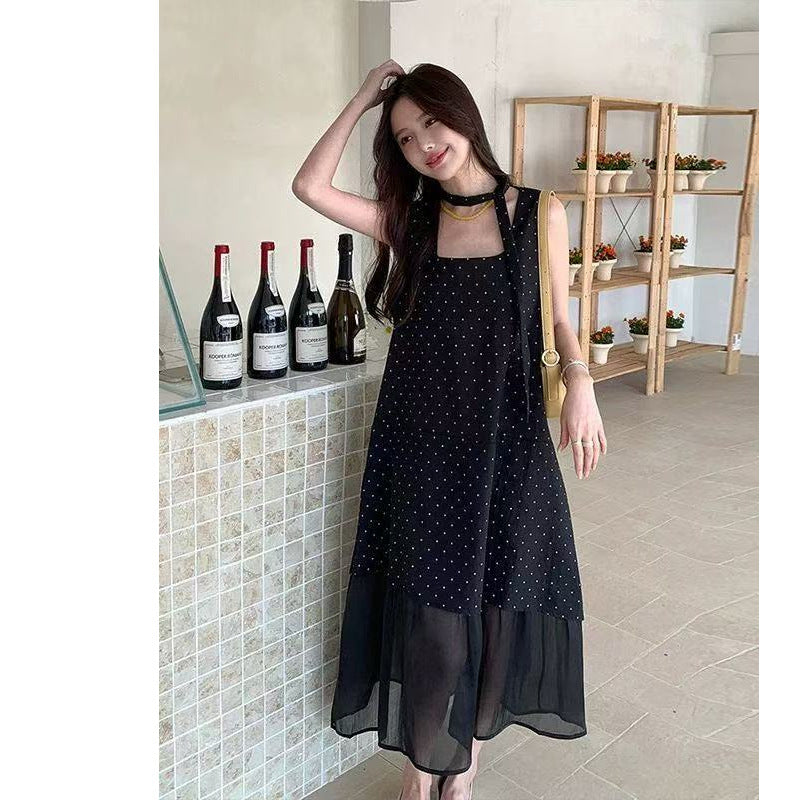 French Polka Dot Sleeveless Summer Long Dress 2026
