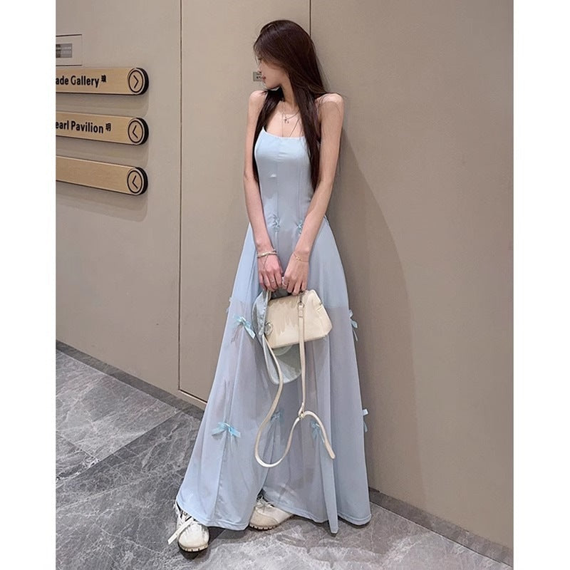 French Blue Bow Suspender Midi Dress Women Summer