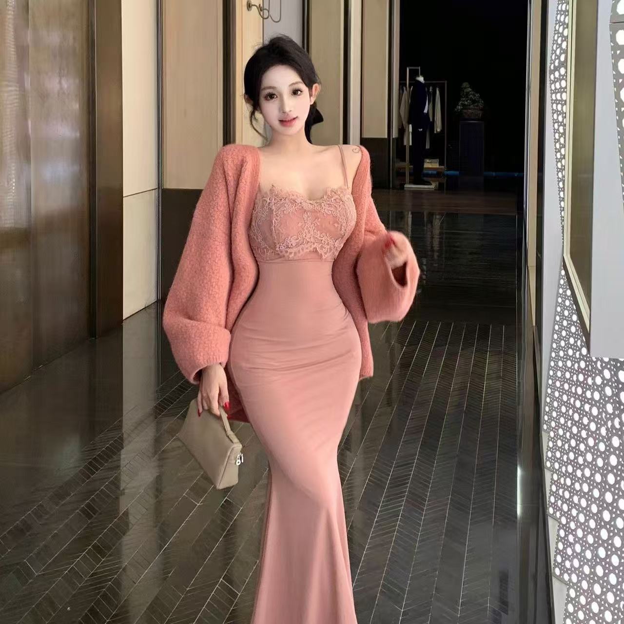 Pink hip skirt lace bodycon strap dress women slim fit sexy summer