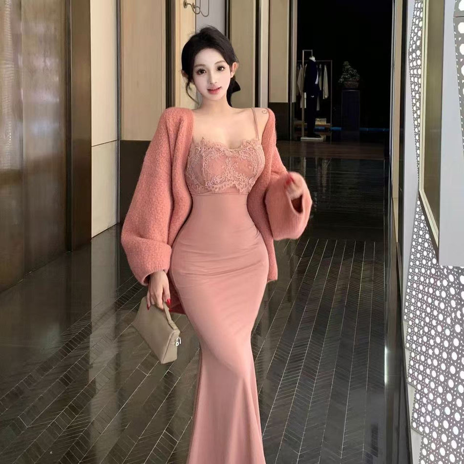 Pink hip skirt lace bodycon strap dress women slim fit sexy summer