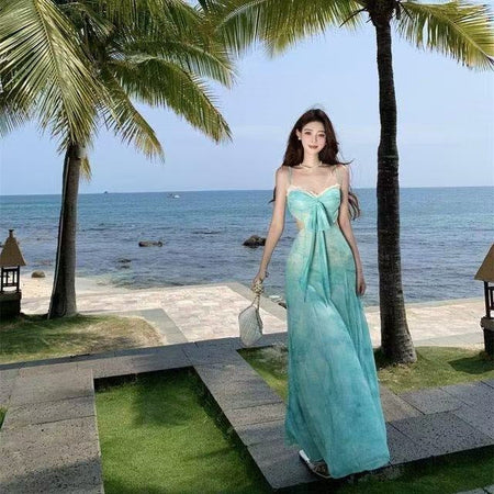Green suspender dress floral backless suspender beach dress women summer 2026