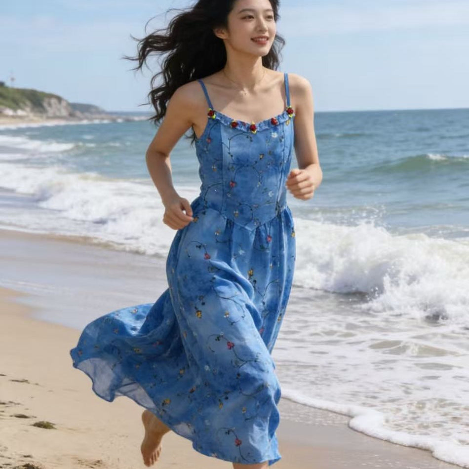 French Blue Floral Spaghetti Strap Dress Women Summer