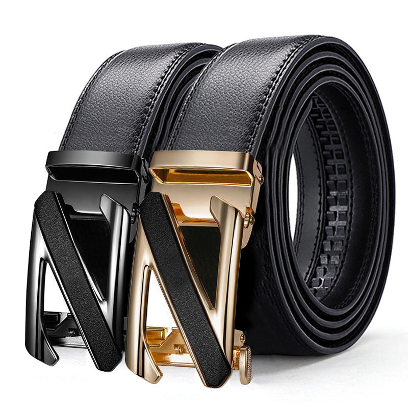 Men's genuine leather belt with black gold buckle - automatic buckle design for casual and formal wear