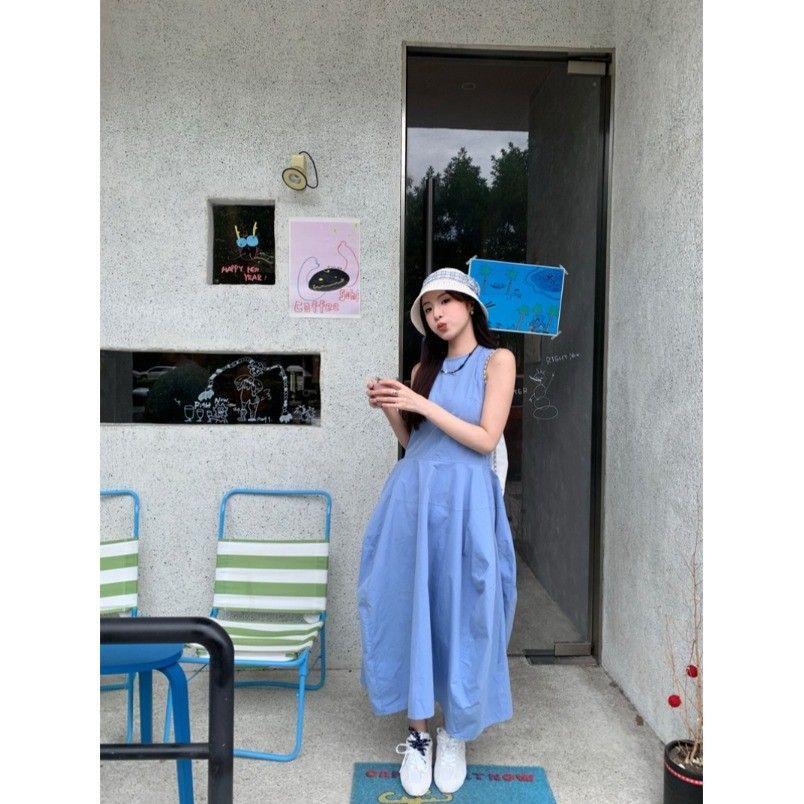 French blue sleeveless slim fit beach dress women 2026