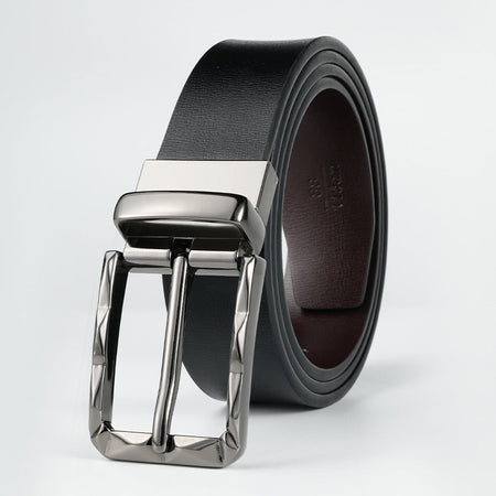 Men's genuine leather belt with black gun buckle (available on both sides) - pin buckle design for casual and formal wear