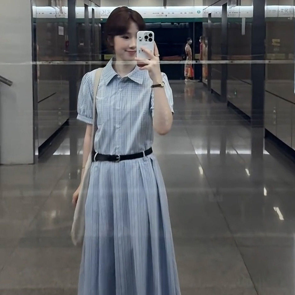 French blue striped shirt dress women summer 2026