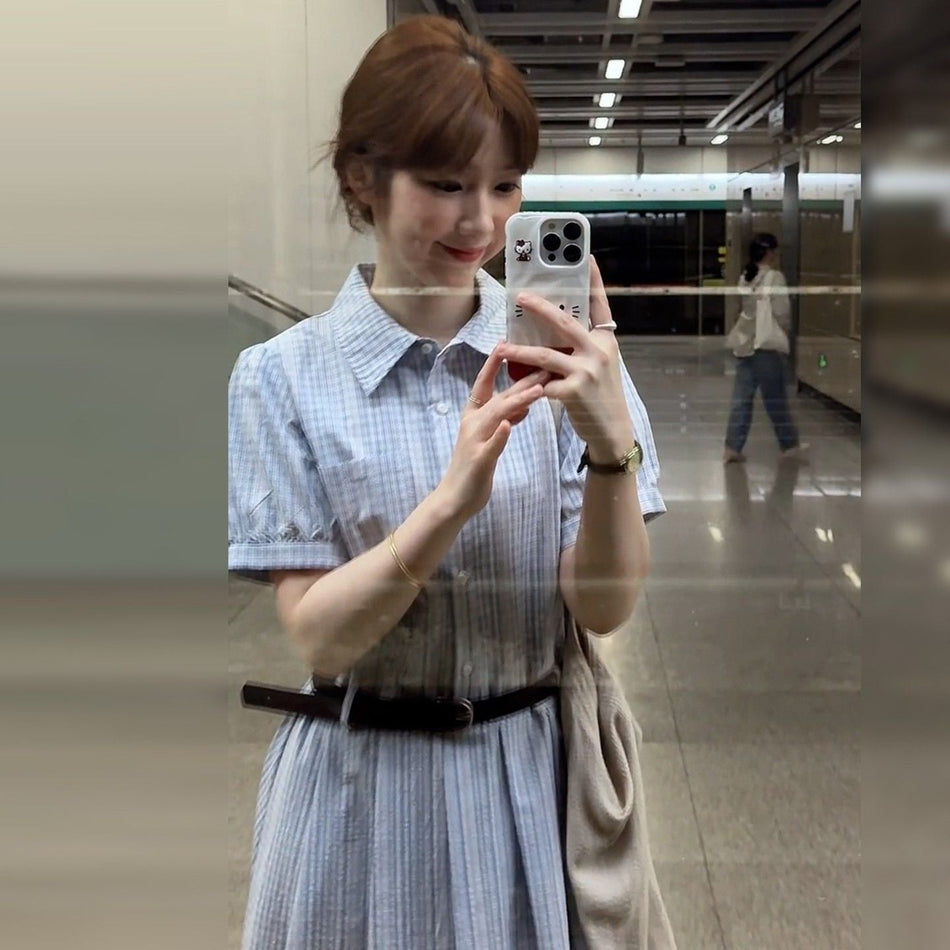 French Blue Striped Shirt Dress Women Summer 2026