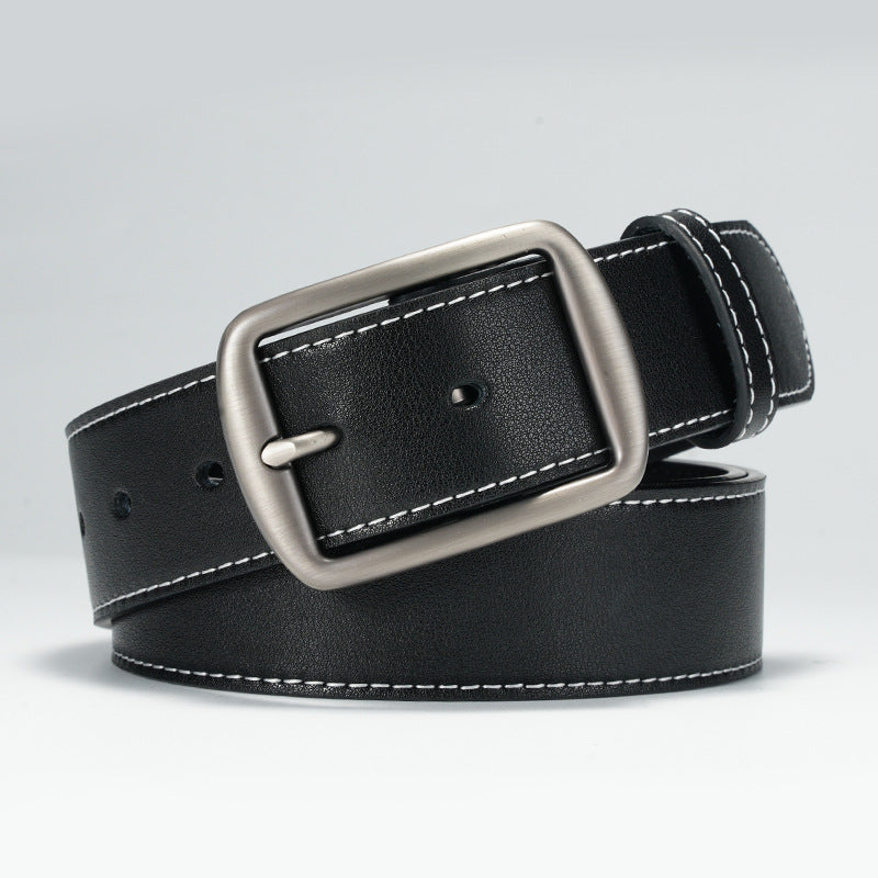 Men's genuine leather belt with black gun buckle - pin buckle design for casual and formal wear