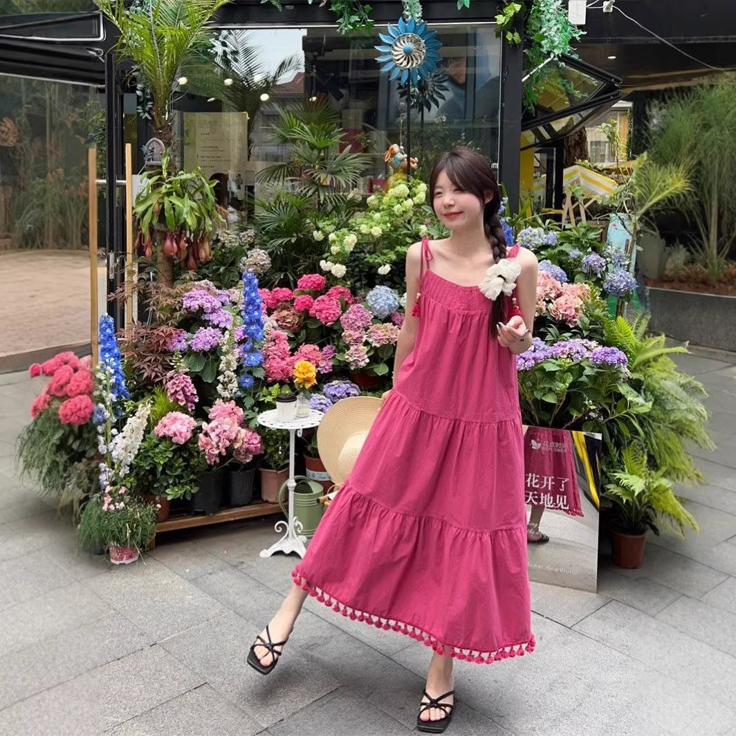 Tassel suspender beach dress women loose fit summer