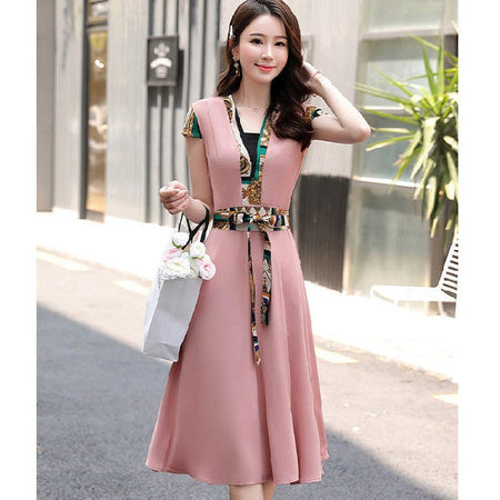 Korean plus size belly cover midi dress women summer