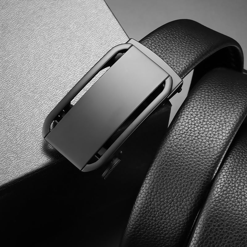 Men's genuine leather belt with dk- black black buckle - automatic buckle design for casual and formal wear