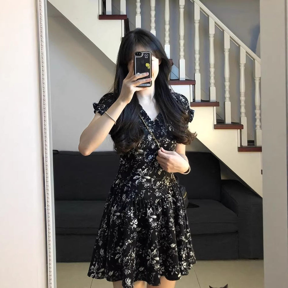 French Floral V-Neck Retro Dress Women Summer Short