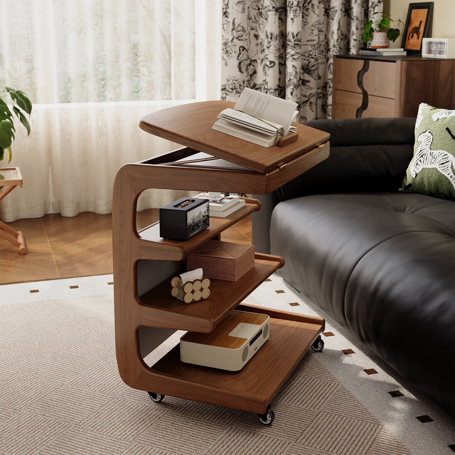 Movable Solid Wood Flip-Top Sofa Side Table — solid wood fabric bag style cherry wood color - 40