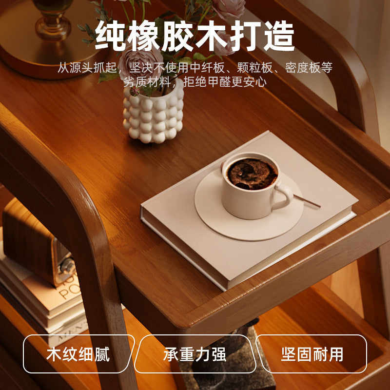 Solid Wood Movable Sofa Side Table with Wheels