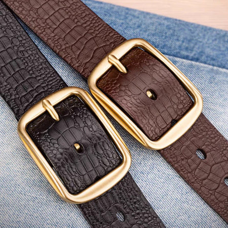 Men's genuine leather belt with black gold buckle - pin buckle design for casual and formal wear