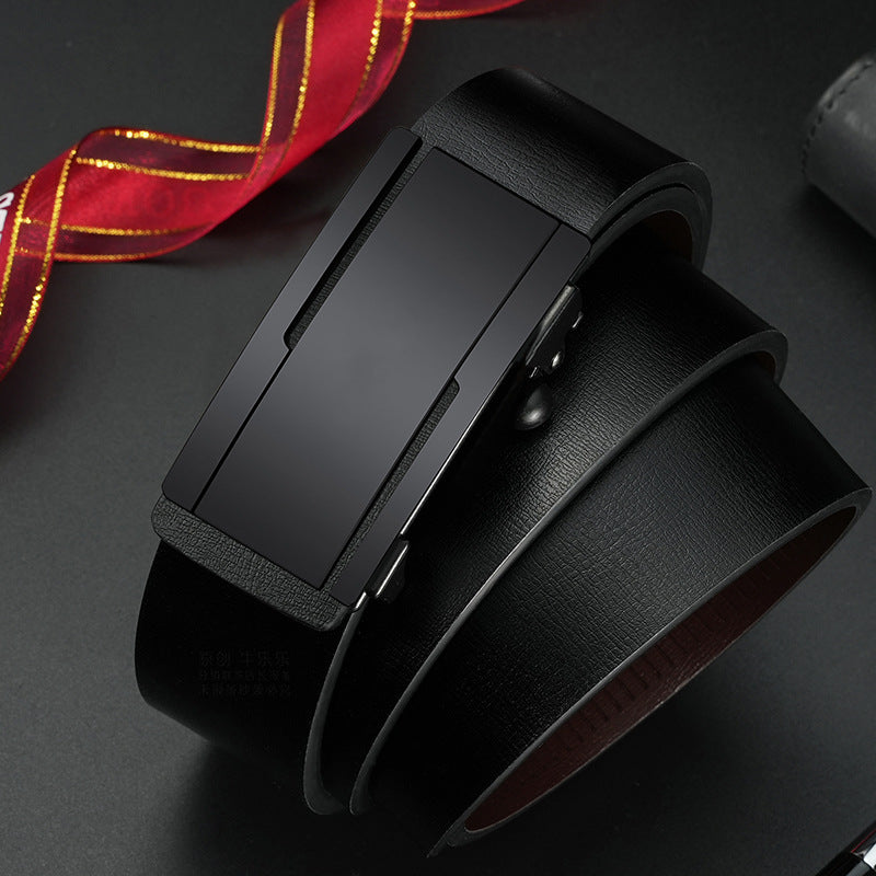 Men's genuine leather belt with black - automatic buckle design for casual and formal wear