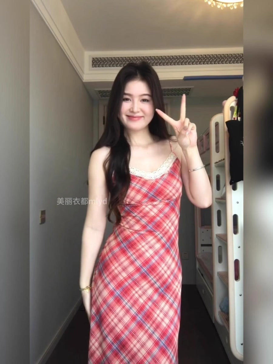Retro Red Plaid Mesh Lace Suspender Long Dress for Women
