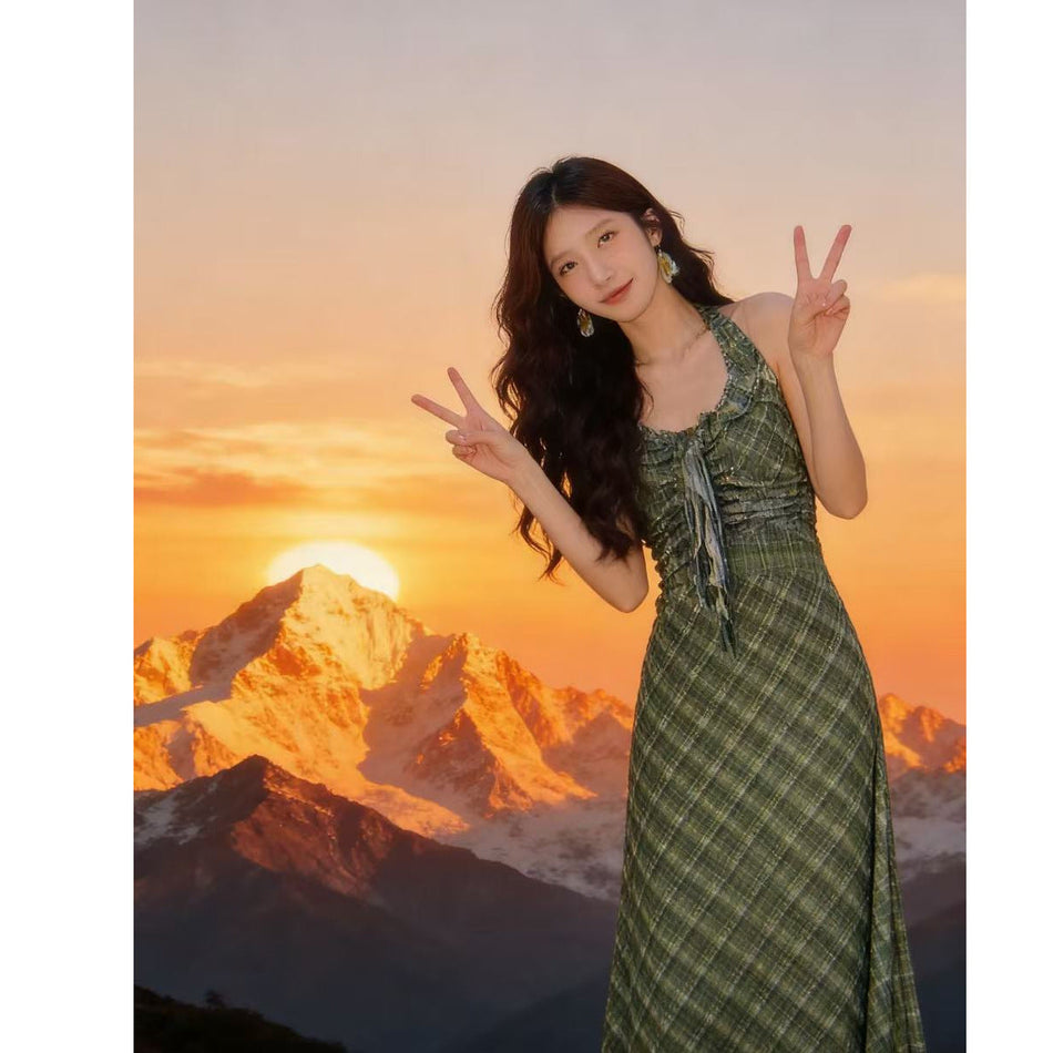 Retro Plaid Halter Neck A-Line Long Dress for Women 2026