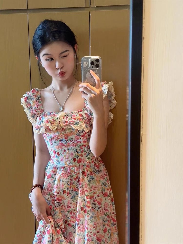 French Floral Flutter Sleeve Beach Vacation Long Dress