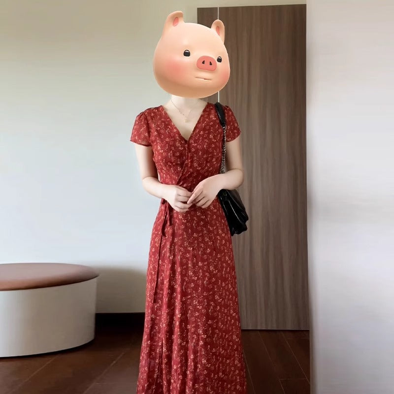 French Red Floral V-Neck Long Dress for Women Summer