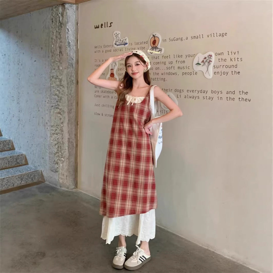 Plaid lace-up suspender midi dress for women autumn style