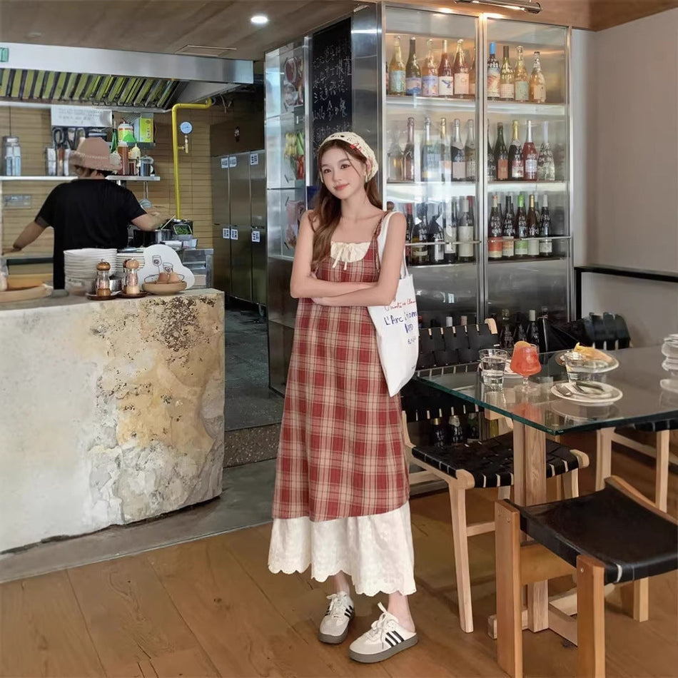 Plaid Lace-Up Suspender Midi Dress for Women Autumn Style