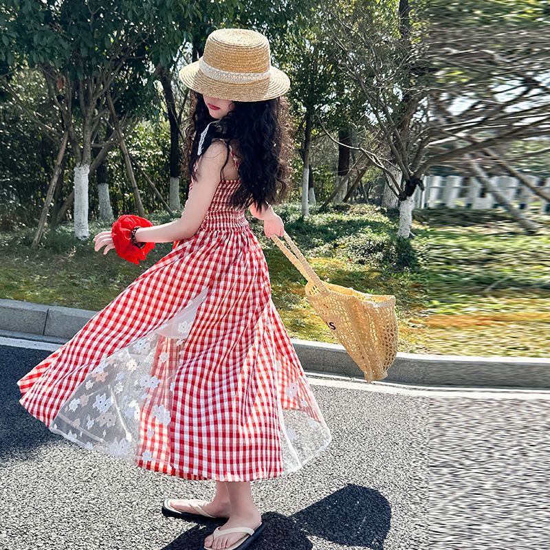 Girls Lace Plaid Strap Princess Dress Summer Korean
