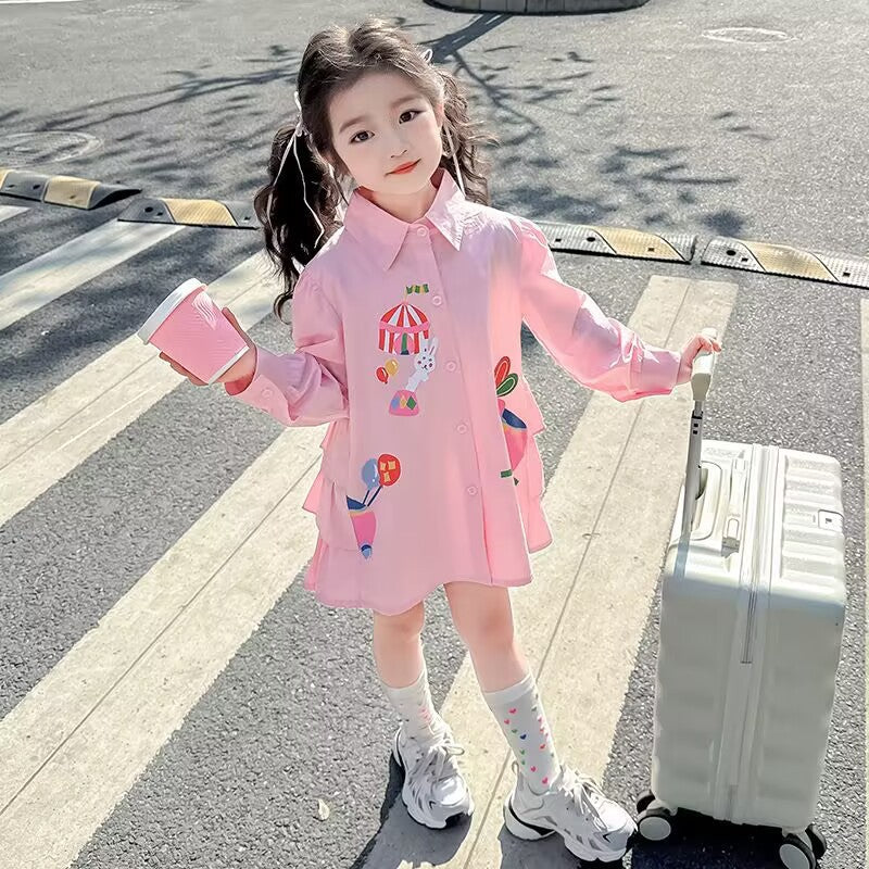 Girls Korean Bow Cartoon Shirt Dress Long Sleeve