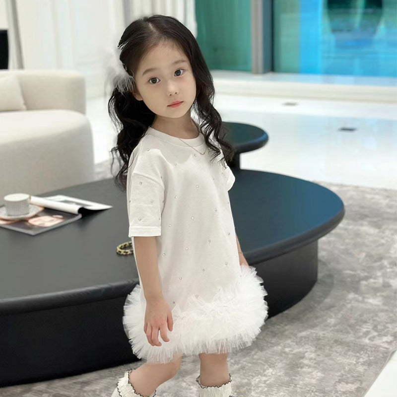 Girls Korean Mesh A-Line Dress Summer Short Sleeve