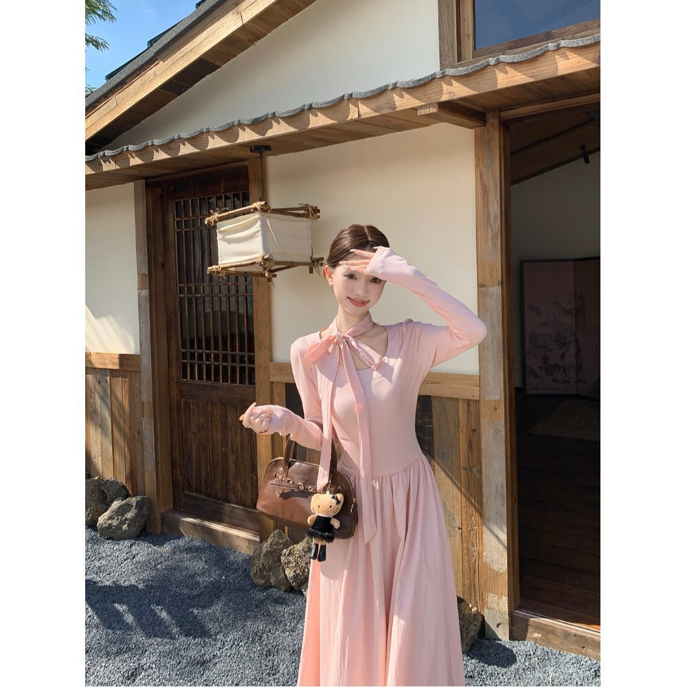 Gentle bow halterneck a-line long dress for women autumn