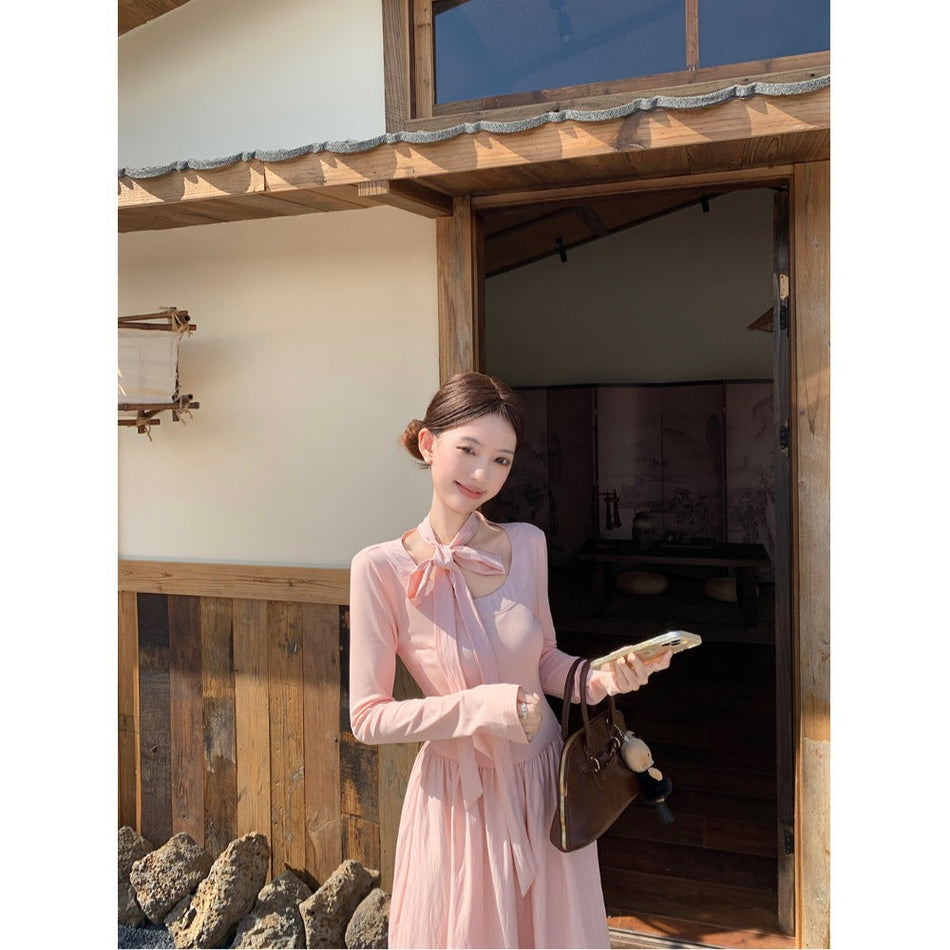 Gentle Bow Halterneck A-Line Long Dress for Women Autumn