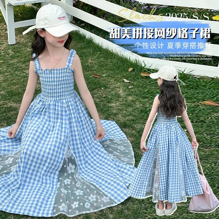 Girls Plaid Mesh Waist Dress Korean Summer Style