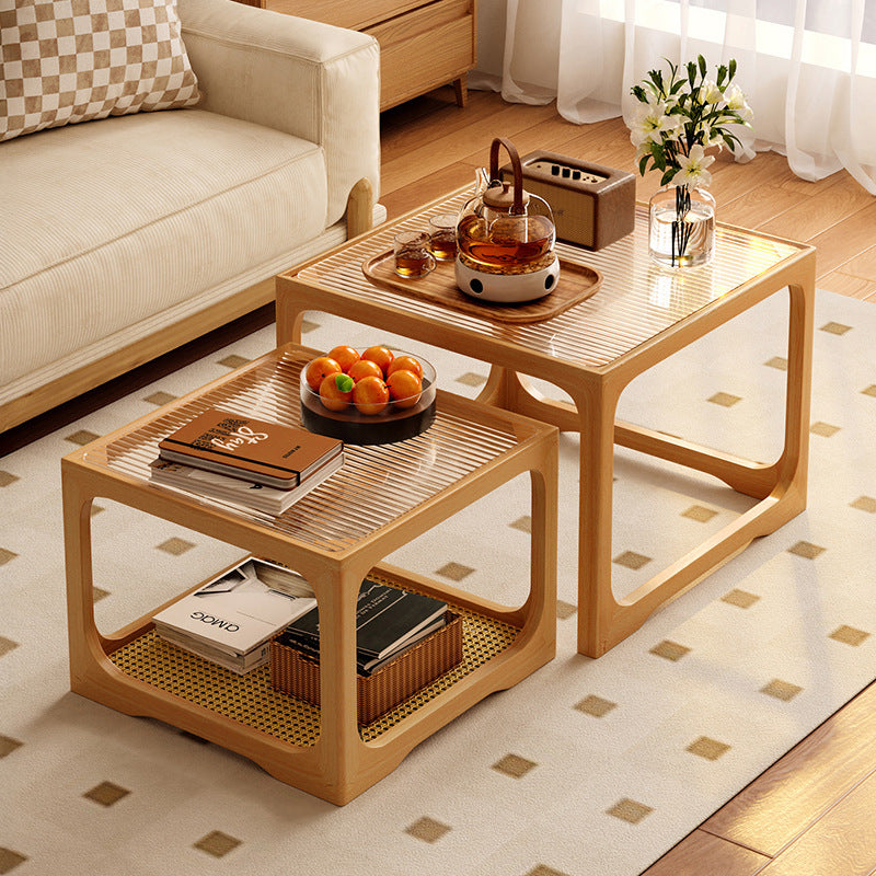 Solid Wood Glass Square Coffee Table with — Larch wood model Log color 45cm