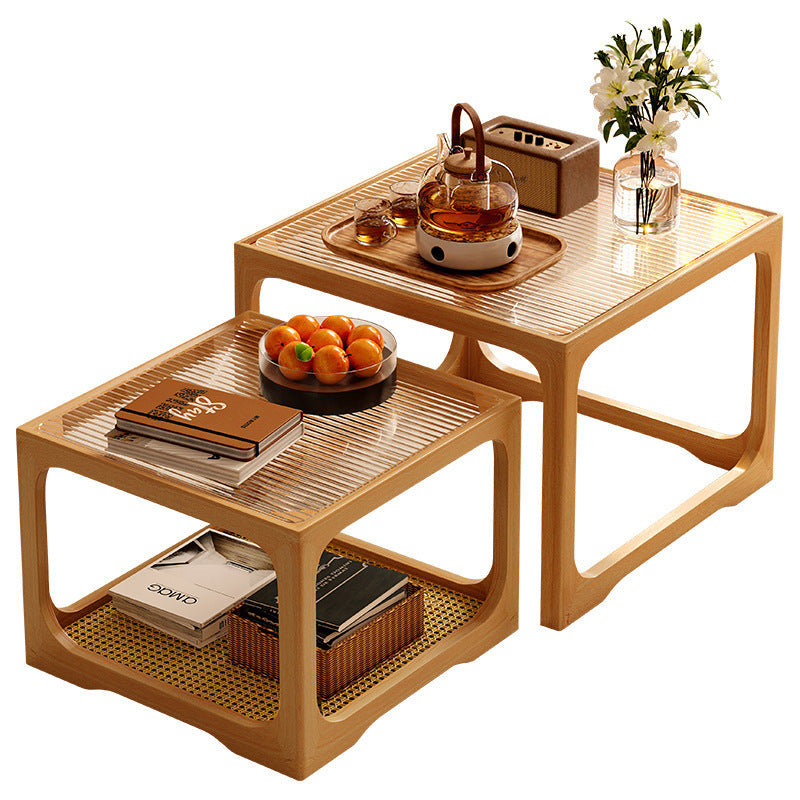 Solid Wood Glass Square Coffee Table with Rattan Detail