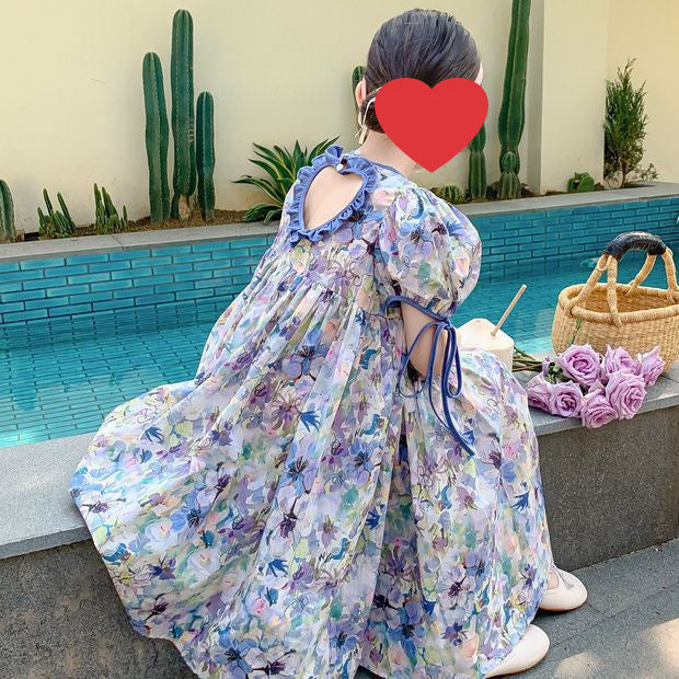 Girls Floral Bubble Sleeve Backless Dress Summer