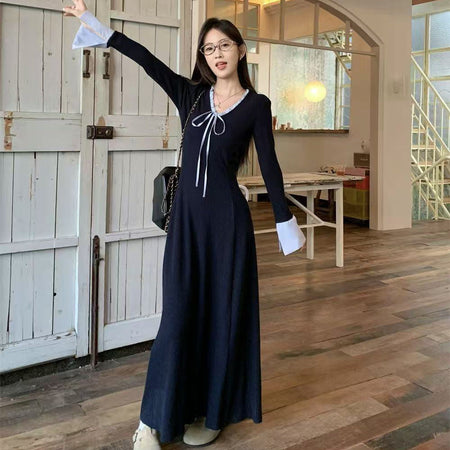 Korean preppy waist-cinching long dress for women 2025