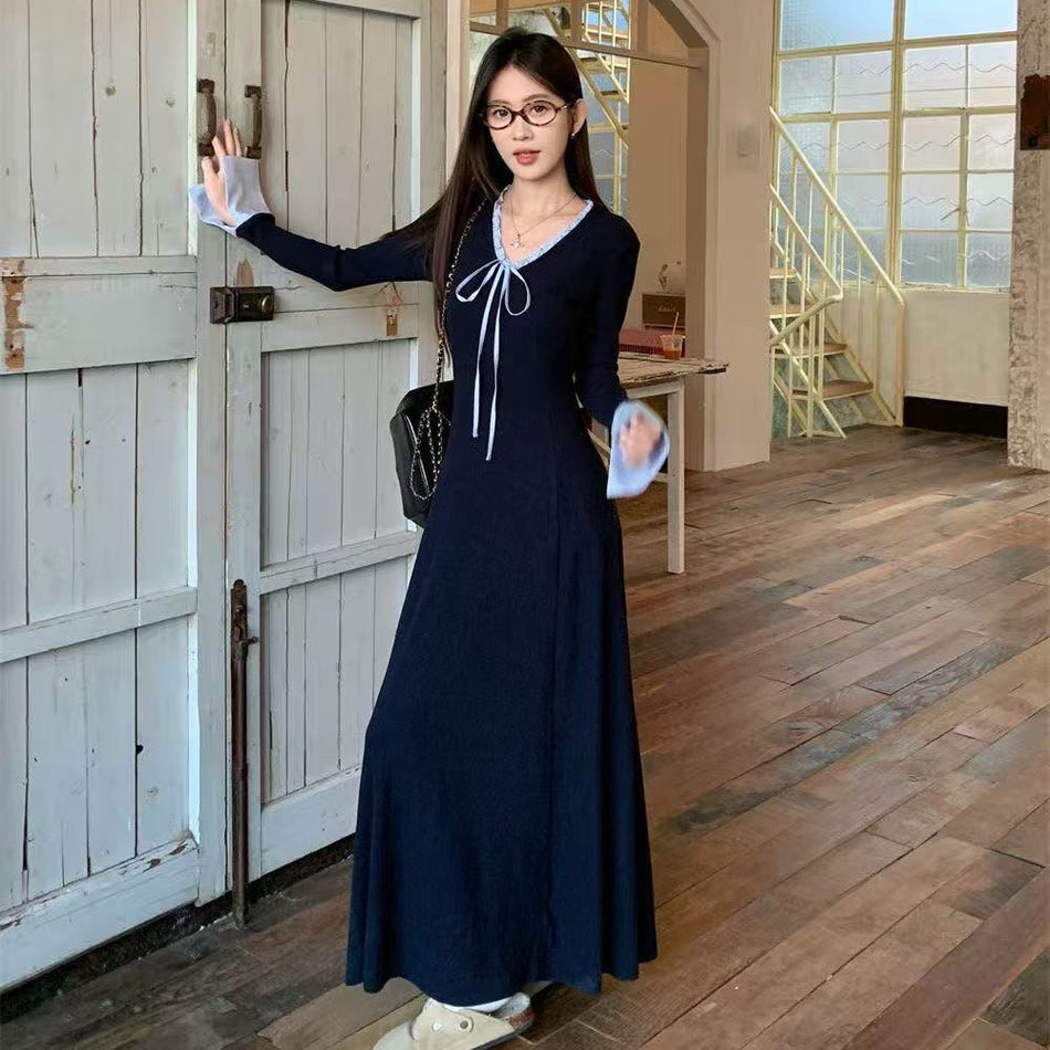 Korean Preppy Waist-Cinching Long Dress for Women 2026