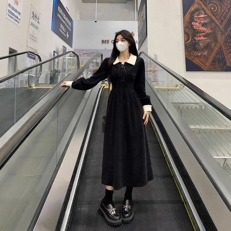 Plus size retro black waist-slimming dress for women 2025