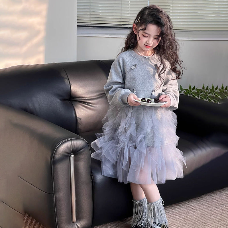 Grey girls mesh princess summer dress with pink sunflower print and puffy skirt