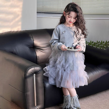 Grey girls mesh princess summer dress with pink sunflower print and puffy skirt