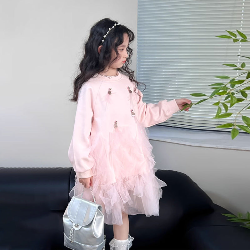 Girls Bow Mesh Puffy Lace Dress Spring Style
