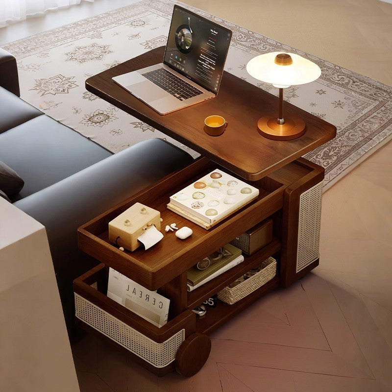 Solid Wood Liftable Mobile Sofa Side Cabinet — rotating walnut