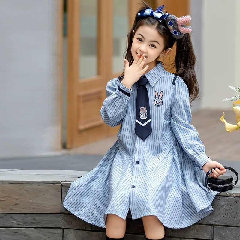 Girls Rabbit Police Stripe Dress Spring Autumn Style