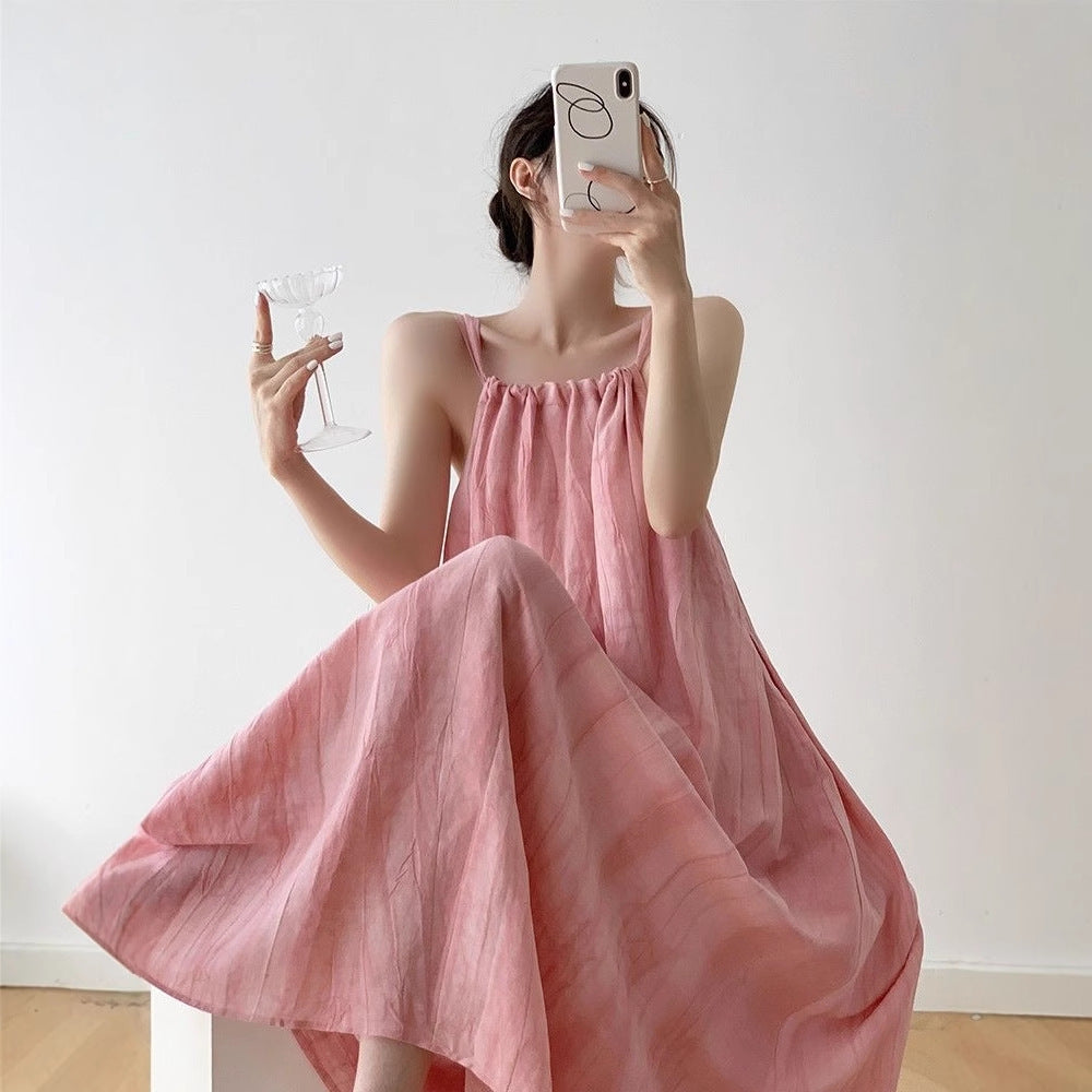 Pink suspender dress pink halter neck suspender long dress for women summer