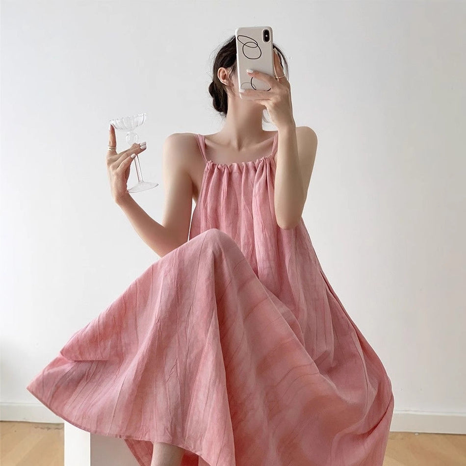 Pink suspender dress pink halter neck suspender long dress for women summer